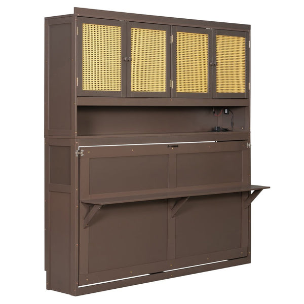 English Elm Twin Murphy Bed with Rattan Cabinet Doors Led Lighting and Usb Charging for Small Spaces Espresso LP000740AAP