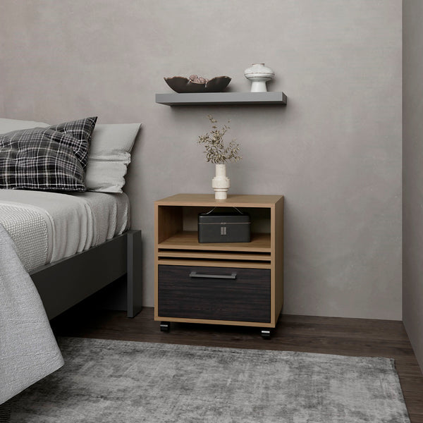 English Elm Baldwin City Nightstand Light Oak & Black — Modern Engineered Wood with Casters, Durable Minimalist Design B092P254745