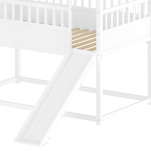 English Elm House Twin Bunk Bed with Built-In Slide and 3-Stage Ladder, Pine French Design with High Guardrail Safety White W1858P241095