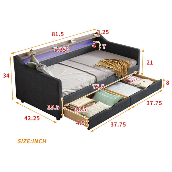 English Elm Twin Size Daybed With Usb Ports, Led Lighting & Storage Drawers For Modern Living Room Decor W2336S00026-GIGA