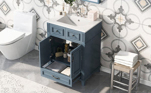 English Elm 24'' Retro Bathroom Vanity Solid Rubberwood Frame Ceramic Sink Soft Close Storage Blue N710P405405C