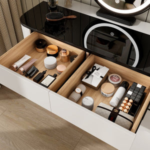 English Elm Modern Glass Top Vanity Table with Adjustable Legs Storage Cabinet and Round Mirror W3767P442396