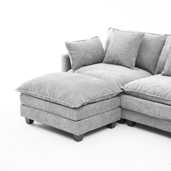 English Elm Beige Chenille Sectional Sofa with Modular Ottoman for Living Room or Studio Gray W2603S00008