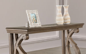English Elm Traditional Sofa Table With Solid Wood Build, Curved Scroll Legs & Elegant Weather Oak Finish B2741P361129-GIGA