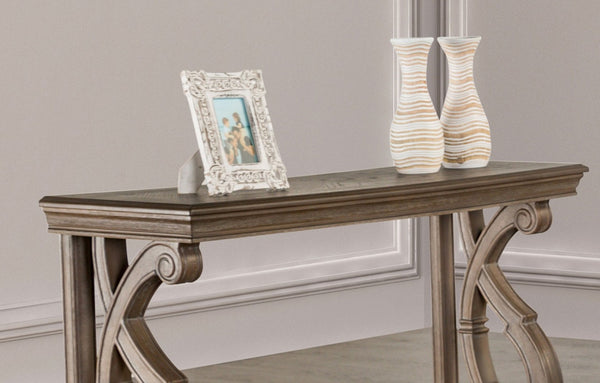 English Elm Traditional Sofa Table With Solid Wood Build, Curved Scroll Legs & Elegant Weather Oak Finish B2741P361129-GIGA