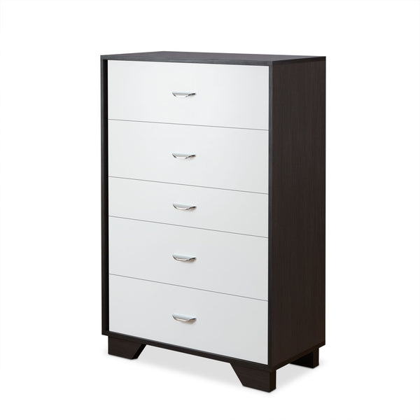 English Elm Eloy Five-Drawer Chest in White & Espresso Finish — Sturdy MDF Frame, Metal Legs, 70lb Top Capacity B2726P283820