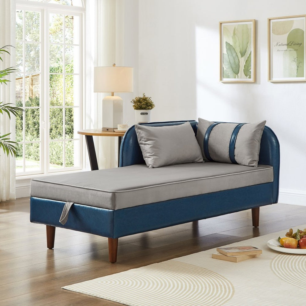 English Elm 65" Velvet Storage Chaise Lounge with Pu Leather Panels Eucalyptus Frame Accent Seat Blue+Grey W1097P434118