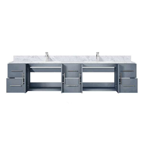 English Elm Dark Grey 84in Double Bath Vanity with Carrara Marble Top, Faucet Set, Soft-Close Drawers & Shelf B2731P258746