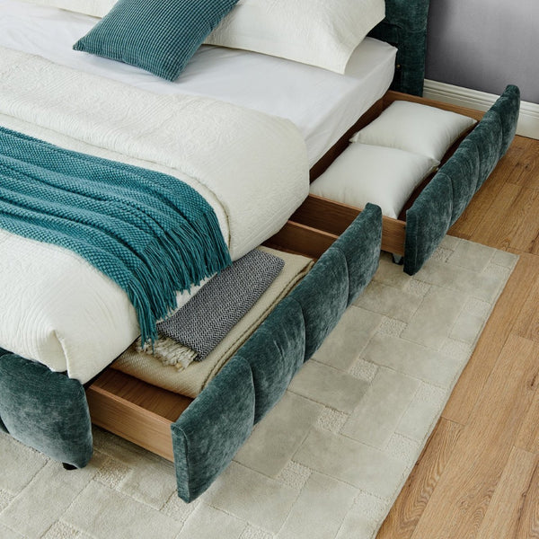 English Elm California King Platform Storage Bed Chenille Upholstered Frame Modern Bedroom Blue+Green W487S00523