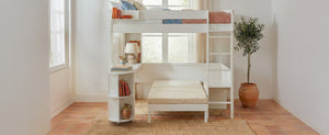 English Elm Full Size Loft Bed with Rotating Desk Led Lighting Sofa and Bookshelf Storage White LT000200AAK