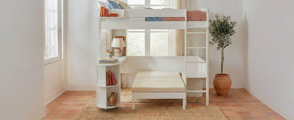 English Elm Full Size Loft Bed with Rotating Desk Led Lighting Sofa and Bookshelf Storage White LT000200AAK