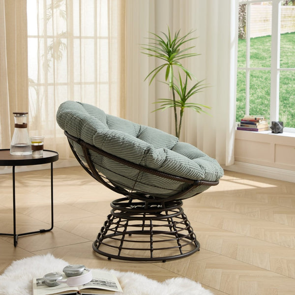 English Elm Comfortable Rattan Papasan Swivel Chair Overstuffed Corduroy Cushion Indoor Outdoor Lounge W640P443557