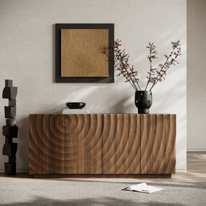 English Elm Buffet Sideboard with 3d Ripple Door Texture Walnut Finish Wide Living Room Storage W2263P467025