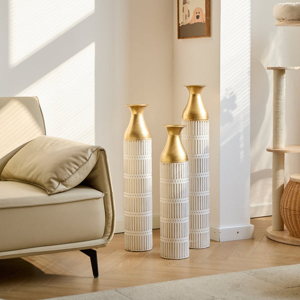 English Elm Floor White Metal Vases Set of 3 — Tall Glazed Cylinder Decor with Hammered Gold Trim, 24/28.7/33.5in W2796P193943