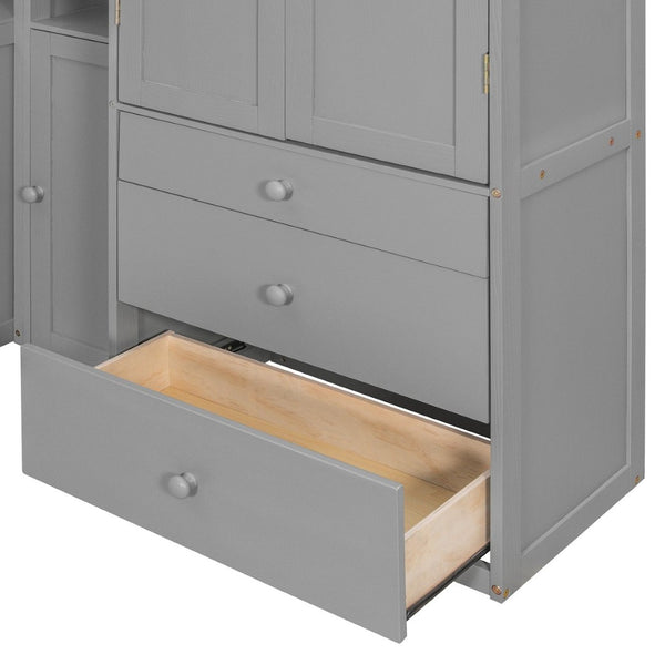 English Elm Wooden Twin Loft Bed with Built-in Desk Wardrobe Storage Drawers and Led Lighting N820S00069E