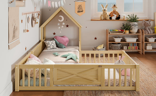 English Elm Twin House Floor Bed with Door & Full-Length Guardrails, Solid Wood Twin Loft Alternative for Kids Natural W1580P327129