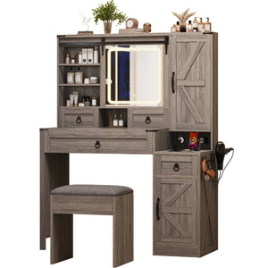 English Elm Farmhouse LED Vanity Desk with Sliding Mirror, Glass Top Storage, Built-In Charging Station & Stool Gray 37 L x 18.5 W x 13 H N733P340562G