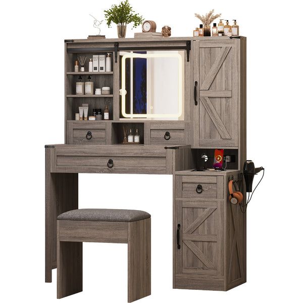 English Elm Farmhouse LED Vanity Desk with Sliding Mirror, Glass Top Storage, Built-In Charging Station & Stool Gray 37 L x 18.5 W x 13 H N733P340562G