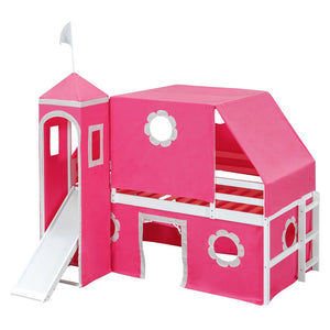 English Elm Twin Castle Loft Bed with Slide Tent Tower and Play Space for Kids Rooms Pink N708P249511H