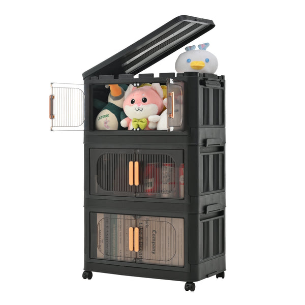 English Elm Black,20" Versatile 5-Tier Folding Storage Cabinet With Wheels, Magnetic Door For Easy Access & Organization W2873P239385