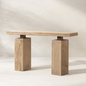 English Elm Calder Reclaimed Elm Plinth Console Table Sculptural Entryway Accent in Warm Brown B2719P474447