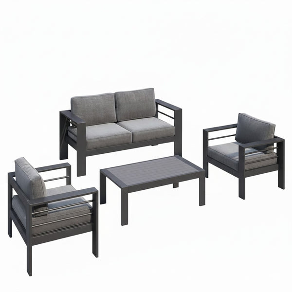 English Elm 4-piece Outdoor Aluminum Conversation Set with Deep Lounge Seating and Wpc Coffee Table Dark Grey B082S00089