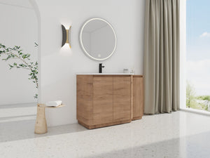 English Elm 48" Floating Bathroom Vanity Dual Ceramic Vessel Sinks Oak Finish Soft Close Doors W999S00512