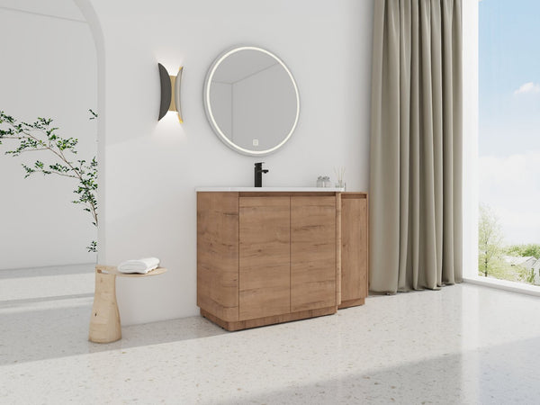 English Elm 48" Floating Bathroom Vanity Dual Ceramic Vessel Sinks Oak Finish Soft Close Doors W999S00512