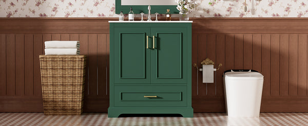English Elm 30" Modern Bathroom Vanity with Ceramic Sink, Soft-Close Doors, Divided Drawer & Dual Door Shelves Green N729P321376F