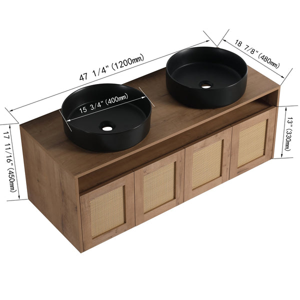 English Elm 48" Modern Wall-Mounted Bathroom Vanity With Black Ceramic Art Sink & Soft-Close Doors, Plywood W999S00400