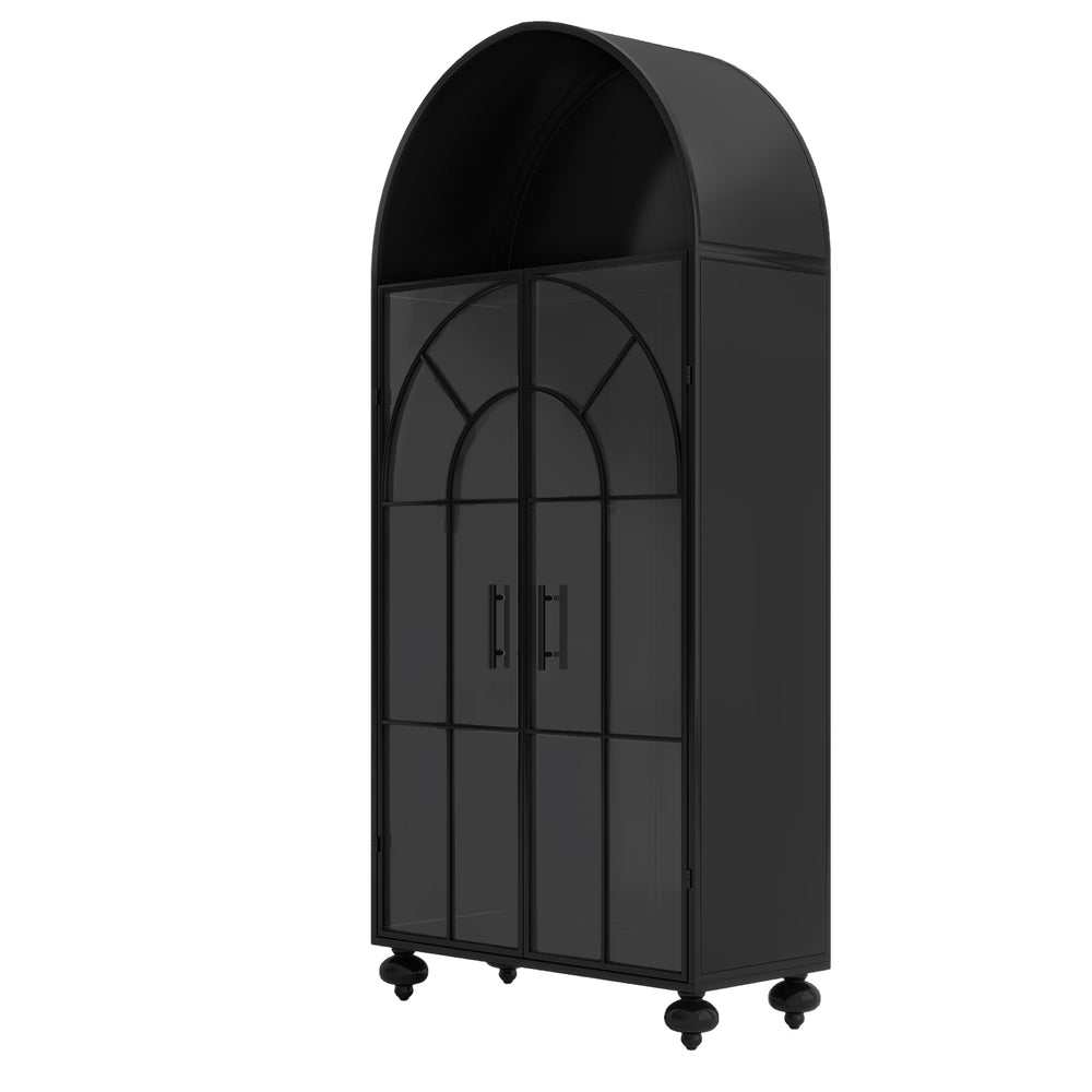 English Elm Modern Arched Storage Cabinet Antique Black Steel & Tempered Glass Doors Industrial Farmhouse Display W3122P272652