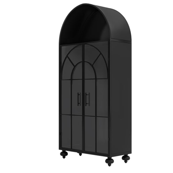 English Elm Modern Arched Storage Cabinet Antique Black Steel & Tempered Glass Doors Industrial Farmhouse Display W3122P272652
