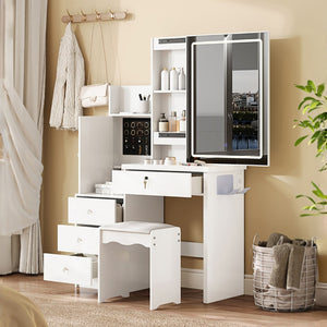 English Elm Vanity Desk with Lighted Sliding Mirror Hidden Storage and Cushioned Stool White Bedroom W2700P369513