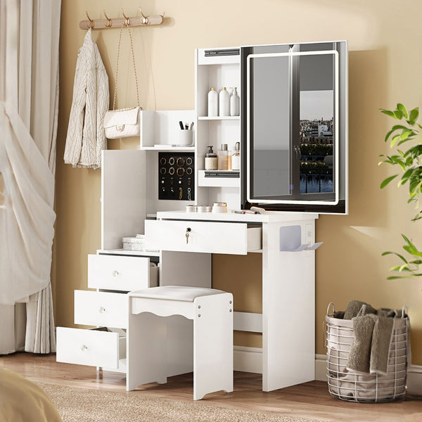 English Elm Vanity Desk with Lighted Sliding Mirror Hidden Storage and Cushioned Stool White Bedroom W2700P369513