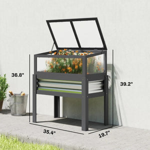 English Elm Flowers Elevated Fir Wood Raised Planter with Cold Frame Greenhouse Lid for Patio Gardens Gray T3971P476372