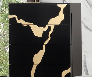 English Elm Contemporary Chic Five-Drawer Chest with Chrome Legs, High-Gloss Coating, Smooth Modern Design Black,Gold 22 L x 34 W x 55 H B2741P369852