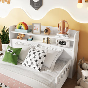 English Elm Full Pine Wood Bed with Bookcase Headboard and LED Motion Sensor Light, Guardrails & Storage Space White W504P277600