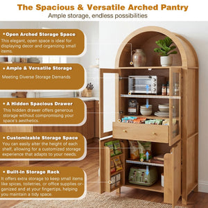 English Elm 71" Arched Glass Barn Door Pantry Cabinet Farmhouse Mdf Storage for Kitchen Dining Oak W2917S00015