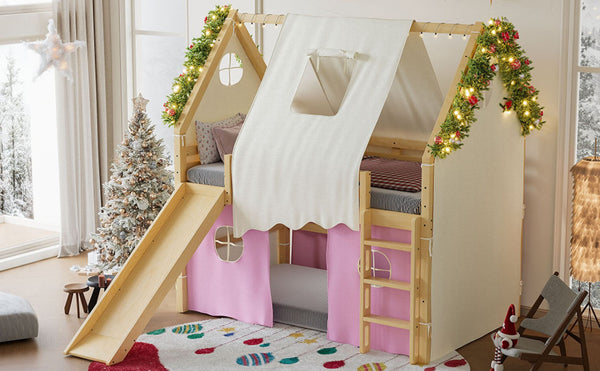 English Elm Full Size Pine Loft Bed with Slide Tent Panels Led Lights and Play Space Below W1580S00291