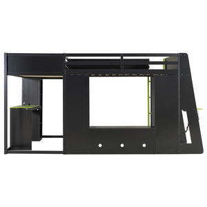 English Elm L-shaped Gaming Loft Bunk Bed Twin Wood Frame Rgb Lighting Usb Ports Storage Shelves Green LT000295AAG