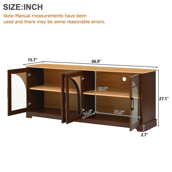 English Elm Farmhouse Media Console with Arched Glass Doors Wood Grain Two Tone Living Room Storage Walnut N721P411204P