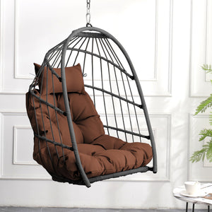 English Elm Outdoor Egg-shaped Hanging Chair with Stand - Cozy Cushioned Swing, Sturdy 350 lb Frame, Indoor/Patio Use Brown+Gray W2500P309626