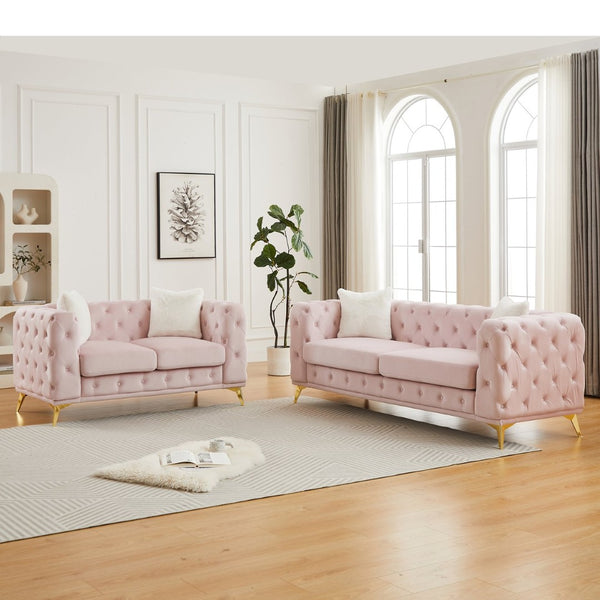 English Elm Fx Chesterfield Sofa Set Tufted Tech Fabric Upholstered Living Room Seating Combo Pink W1926S00087
