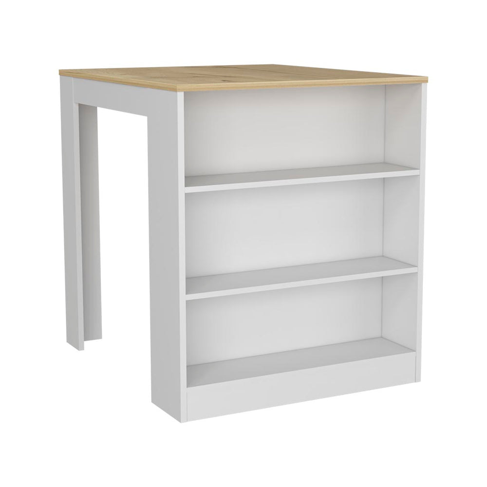 English Elm Kitchen Island Table With Two Legs And Three Open Shelves In White/Pine - Perfect For Small Spaces! B097S00133