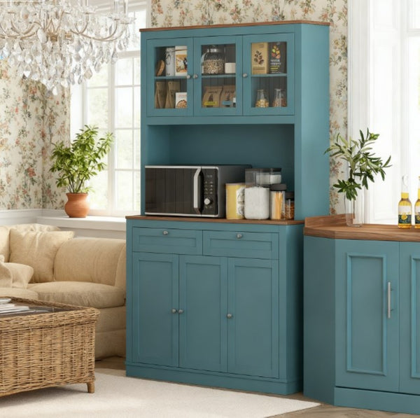 English Elm Adjustable Freestanding Kitchen Hutch with Glass Doors Microwave Station and Drawers T3971P428071