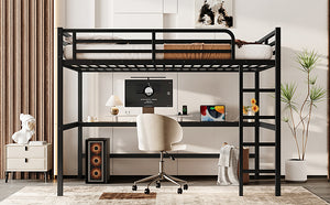 English Elm Metal Queen Size Loft Bed With Integrated Desk, Led Lighting, Power Outlet & Space-Saving Design W1580S00182