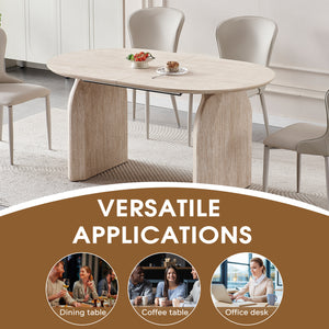 English Elm Wood Extendable Dining Table - Modern Oval MDF Top with Dual Pillar Legs, Space-Saving, Durable Versatile Gatherings and Home Office Use W3590S00002