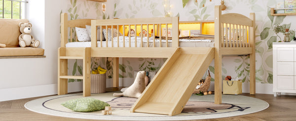 English Elm Twin Xl Solid Pine Loft Bed with Built-in Led Lighting and Storage Shelves Natural W1580S00366