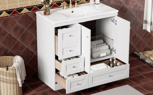 English Elm 36 Inch Shaker Bathroom Vanity with Ceramic Sink Four Soft Close Drawers White Mdf N729P414619K