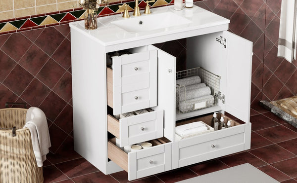 English Elm 36 Inch Shaker Bathroom Vanity with Ceramic Sink Four Soft Close Drawers White Mdf N729P414619K
